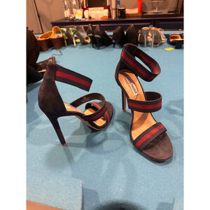 Steve Madden Black Suede High Heel Sandals with Red & Navy Straps